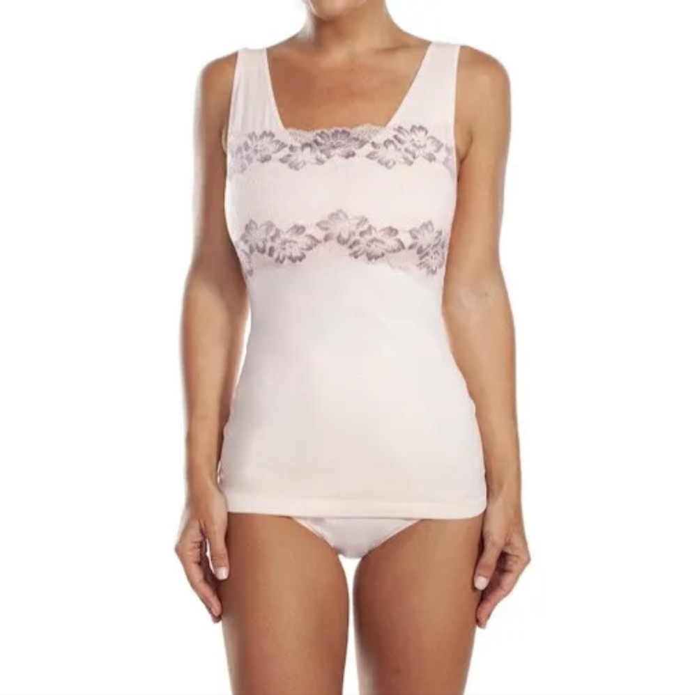Rhonda Shear Lace Compression Tank Top Built-In Shelf Bra Nude Pink Medium Shape - Picture 2 of 7